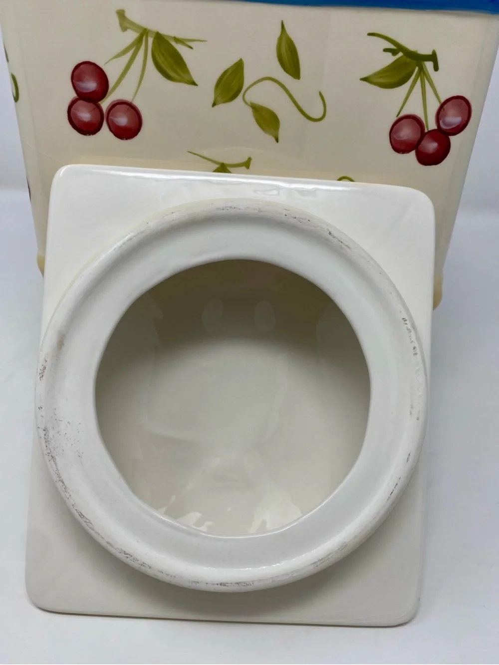 Ceramic Cherry Canister with Blue Trim